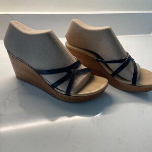 J. Crew Black Wood and Leather Wedge Sandals Size 8